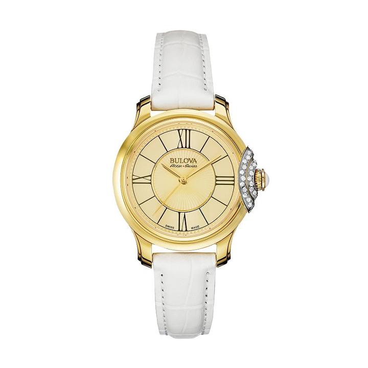 Bulova Women's Accu Swiss Diamond Leather Watch, White