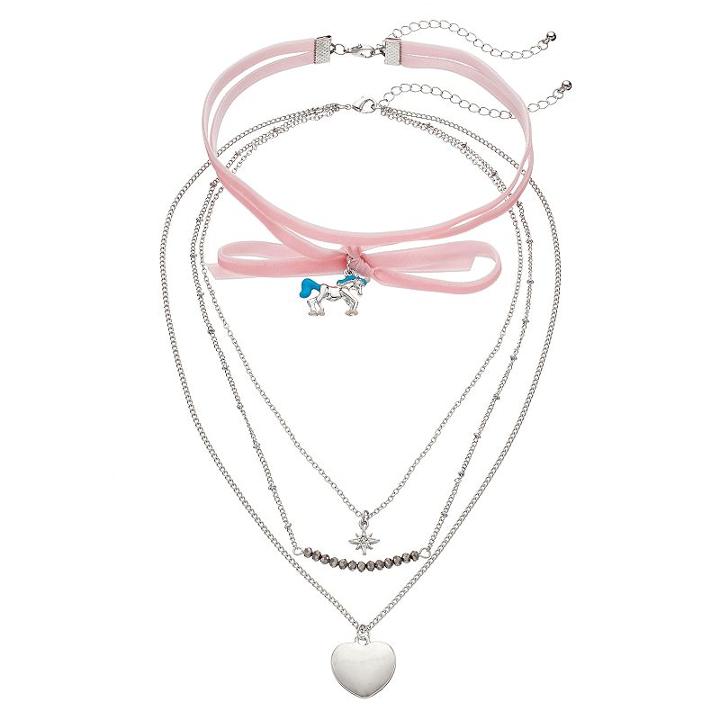 Mudd&reg; Pink Velvet Unicorn Choker & Layered Heart Pendant Necklace Set, Women's, Silver