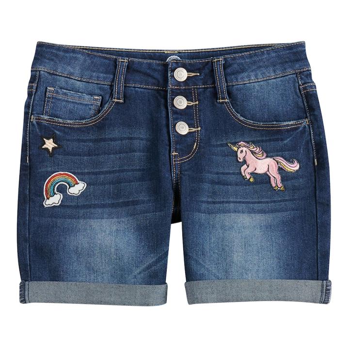 Girls 7-16 So&reg; Rolled Cuff Fashion Midi Denim Shorts, Size: 16, Dark Blue