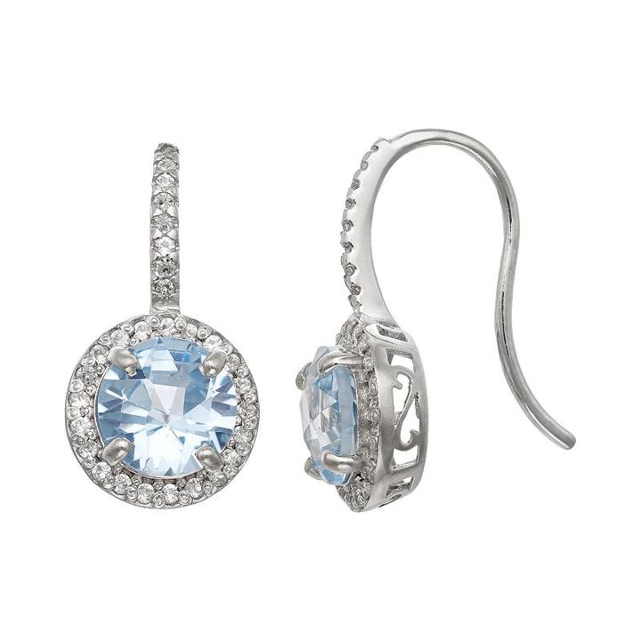 Sterling Silver Lab-created Aquamarine And Lab-created White Sapphire Halo Drop Earrings, Women's