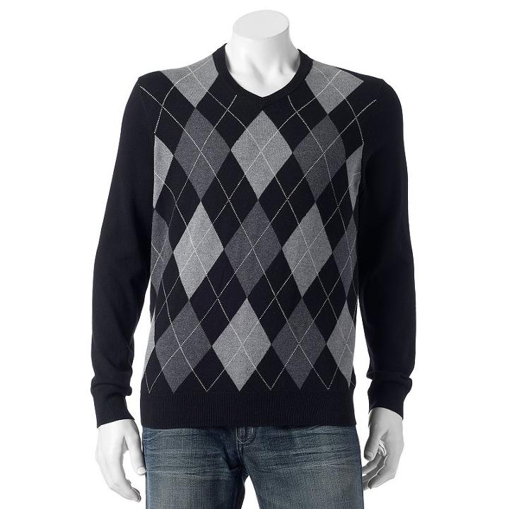 Big & Tall Croft & Barrow&reg; Classic-fit Argyle 12gg V-neck Sweater, Men's, Size: L Tall, Black