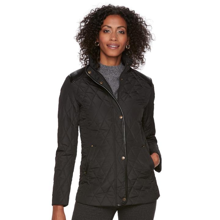 Women's Chaps Faux-leather Trim Quilted Jacket, Size: Large, Black