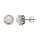 Dyed Freshwater Cultured Pearl & Cubic Zirconia Sterling Silver Halo Button Stud Earrings, Women's, White