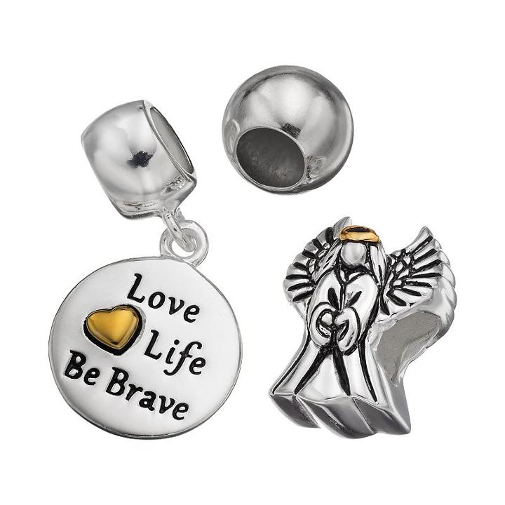 Individuality Beads Sterling Silver Two Tone Angel Bead & Love Life Disc Charm Set, Women's, Grey