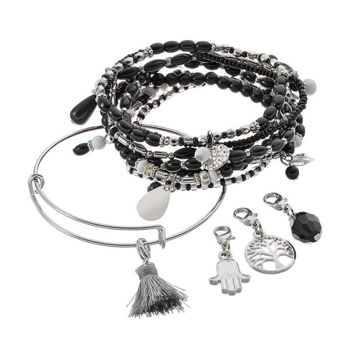 Mudd&reg; Hamsa, Tree Of Life, Tassel & Bead Charm Bracelet Set, Girl's, Black