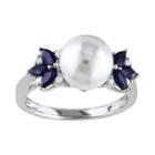 10k White Gold Freshwater Cultured Pearl, Sapphire And Diamond Accent Ring, Women's, Size: 5, Blue