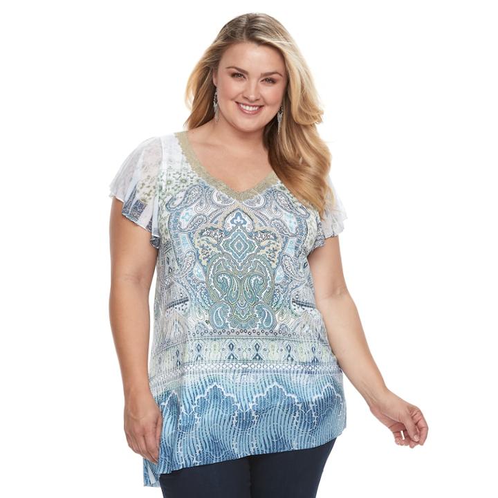 Plus Size World Unity Asymmetrical Hem Crochet Trim Top, Women's, Size: 3xl, Green Oth