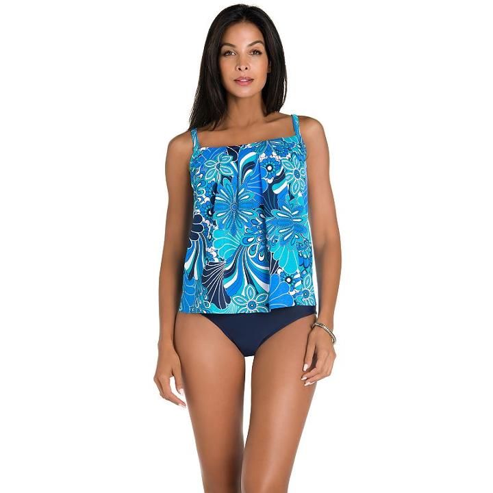 Women's Upstream Pleated Shell Tankini Top, Size: 12, Blue