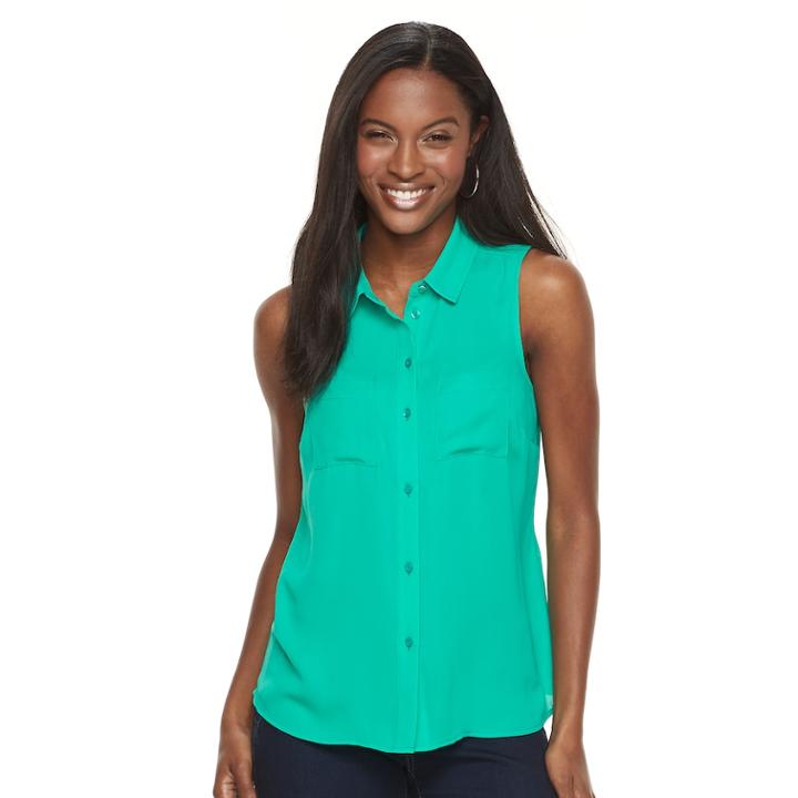 Petite Apt. 9&reg; 2-pocket Button Down Blouse, Women's, Size: L Petite, Turquoise/blue (turq/aqua)