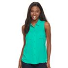 Petite Apt. 9&reg; 2-pocket Button Down Blouse, Women's, Size: L Petite, Turquoise/blue (turq/aqua)
