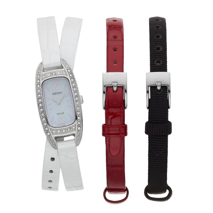 Seiko Women's Crystal Accent Solar Watch & Interchangeable Leather Band Set - Sup391, Size: Small, Multicolor