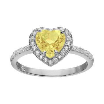 Rebecca Sloane Citrine & Cubic Zirconia Platinum Over Silver Heart Halo Ring, Women's, Size: 7, Yellow