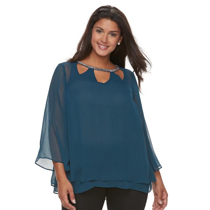 Plus Size Jennifer Lopez Embellished Triple Cut-out 3/4-sleeve Top, Women's, Size: 2xl, Dark Blue