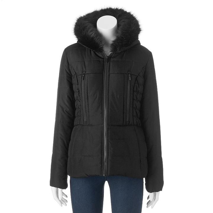 Juniors' Pink Envelope Faux-fur Puffer Jacket, Girl's, Size: Large, Black