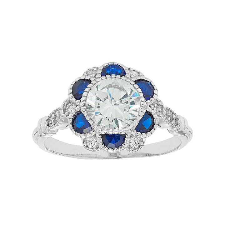 Sterling Silver Cubic Zirconia & Lab-created Blue Spinel Flower Ring, Women's, Size: 6