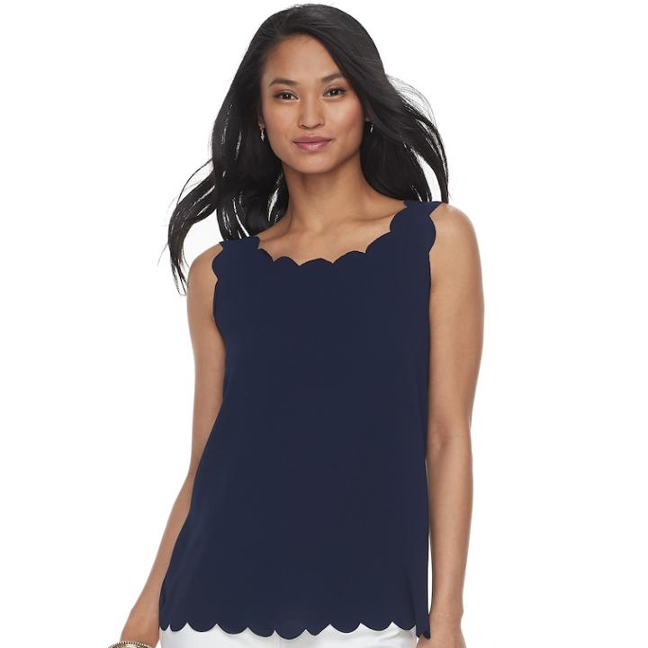 Women's Elle&trade; Scallop Trim Tank, Size: Large, Blue (navy)