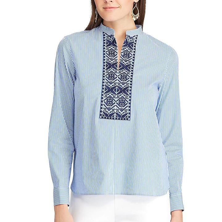 Petite Chaps Striped Embroidered Shirt, Women's, Size: S Petite, Blue