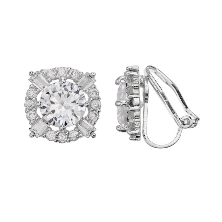 Dana Buchman Cubic Zirconia Halo Clip-on Earrings, Women's, Silver