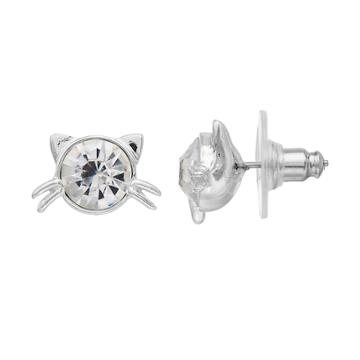 Pet Friends Simulated Crystal Cat Stud Earrings, Women's, Silver