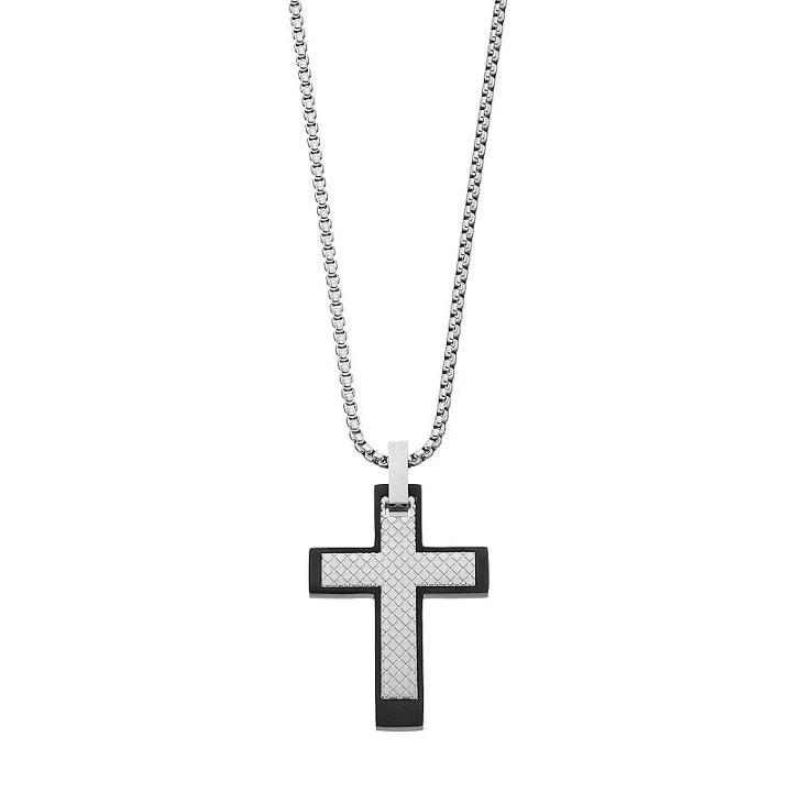 Lynx Men's Two Tone Stainless Steel Textured Cross Pendant Necklace, Silver