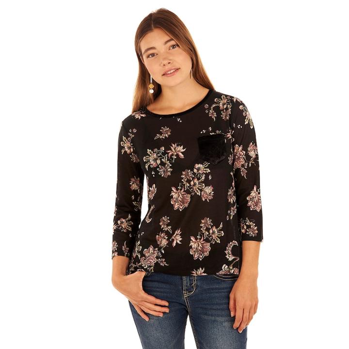 Juniors' Wallflower Velour Pocket Graphic Tee, Teens, Size: Medium, Black
