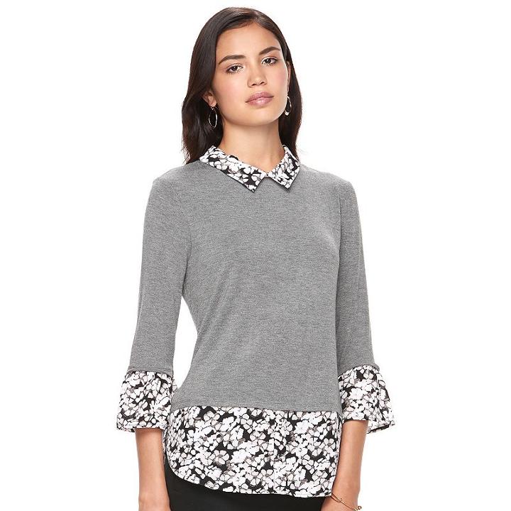 Women's Elle&trade; Mock-layer Bell Sleeve Top, Size: Medium, Oxford