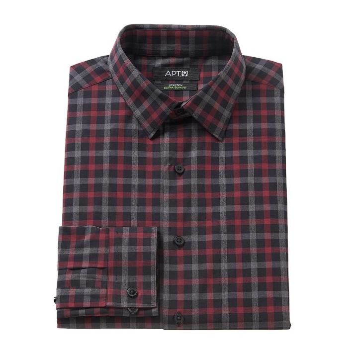 Men's Apt. 9&reg; Extra-slim Fit Gingham-checked Stretch Dress Shirt, Size: 16.5-32/33, Dark Red