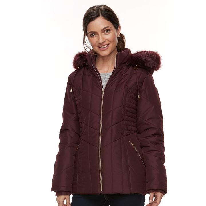 Women's Details Faux-fur Trim Smocked Jacket, Size: Xl, Red