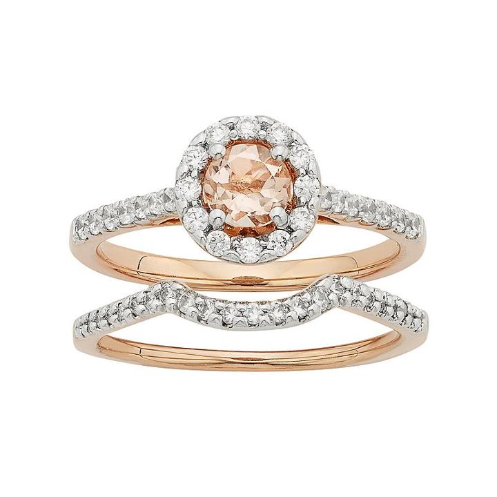 14k Rose Gold Morganite & 5/8 Carat T.w. Diamond Halo Engagement Ring Set, Women's, Size: 7.50, Pink