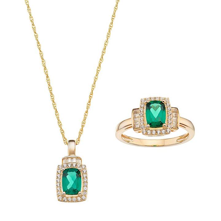 10k Gold Lab-created Emerald & White Sapphire Halo Jewelry Set, Women's, Size: 7, Green