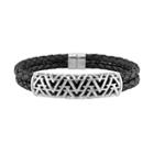 V19.69 Italia Men's Sterling Silver & Leather Bracelet, Size: 8, Grey