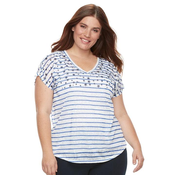 Kate And Sam, Plus Size Stars & Striped Tee, Women's, Size: 2xl, Light Blue