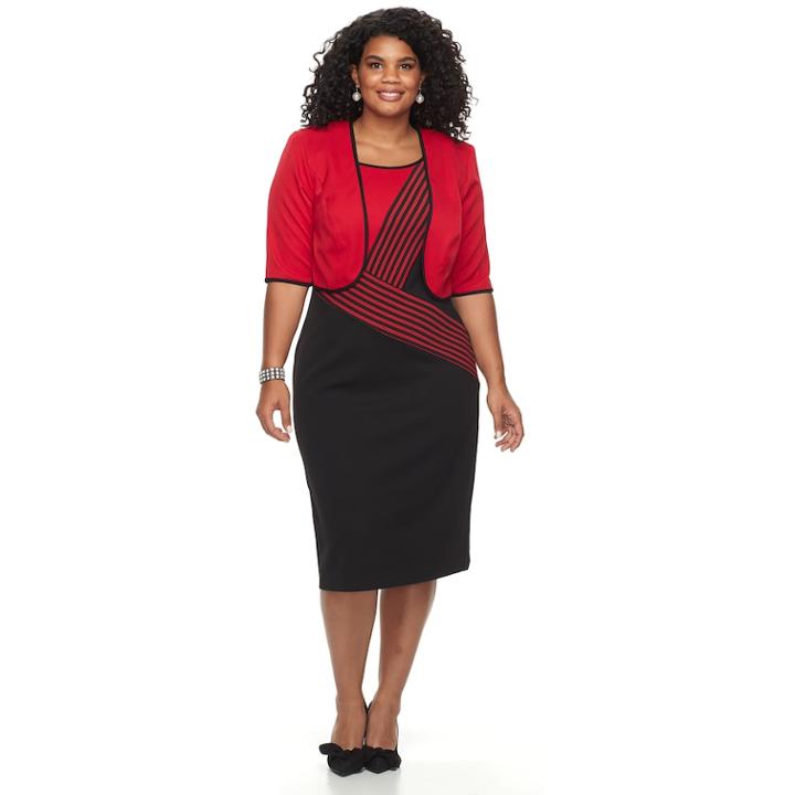 Plus Size Maya Brooke Asymmetrical Stripe Jacket & Dress Set, Women's, Size: 14 W, Dark Red