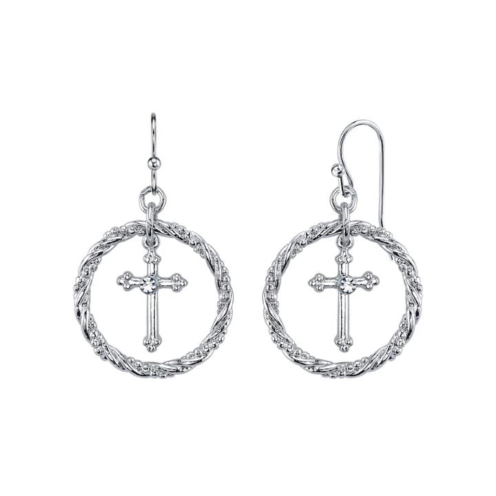 1928 Crystal Cross Hoop Drop Earrings, Women's, Grey
