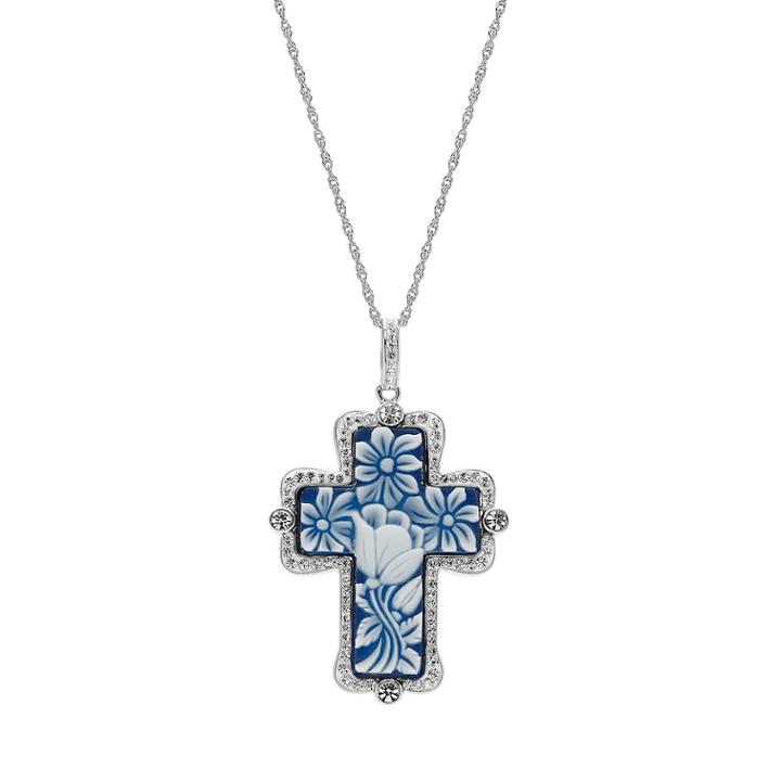Sterling Silver Swarovski Crystal Floral Cross Pendant, Women's, Size: 18, White