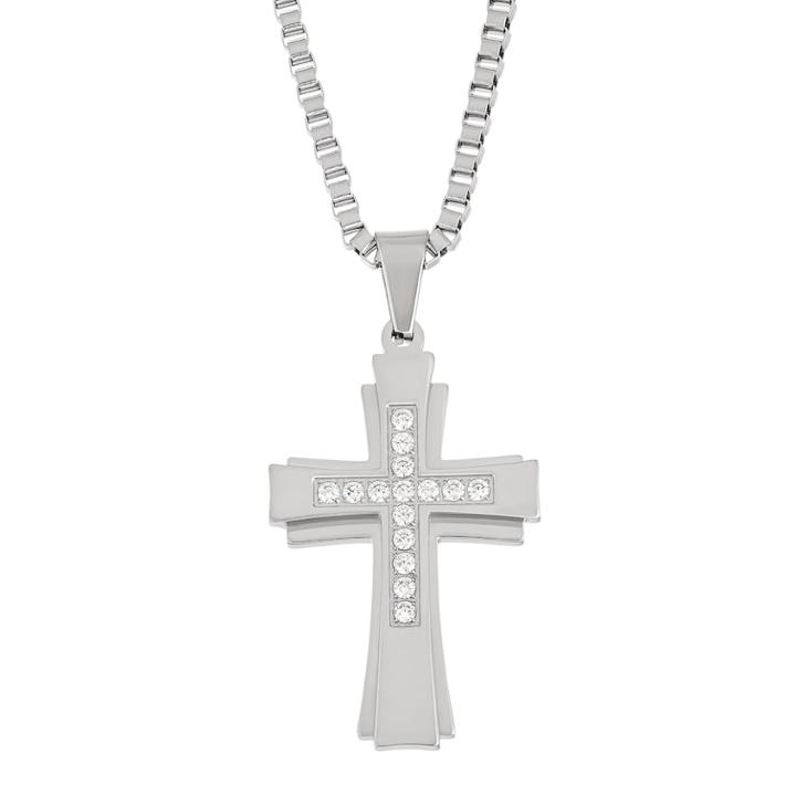 Stainless Steel Men's Cubic Zirconia Cross Pendant Necklace, Size: 24, White