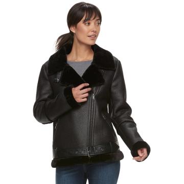 Women's Sebby Collection Faux-shearling Trim Moto Jacket, Size: Medium, Black