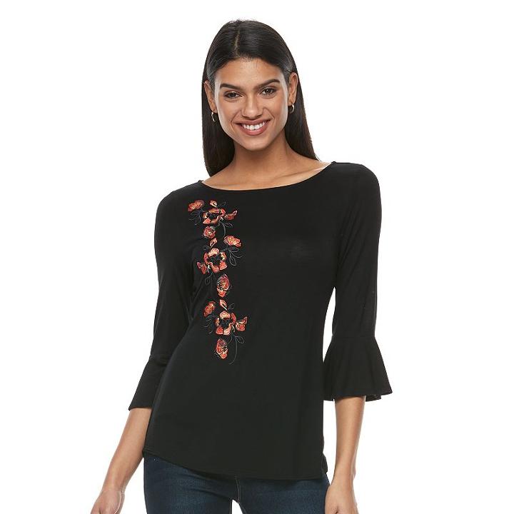 Women's Apt. 9&reg; Embroidered Bell-sleeve Tee, Size: Medium, Black