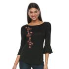 Women's Apt. 9&reg; Embroidered Bell-sleeve Tee, Size: Medium, Black