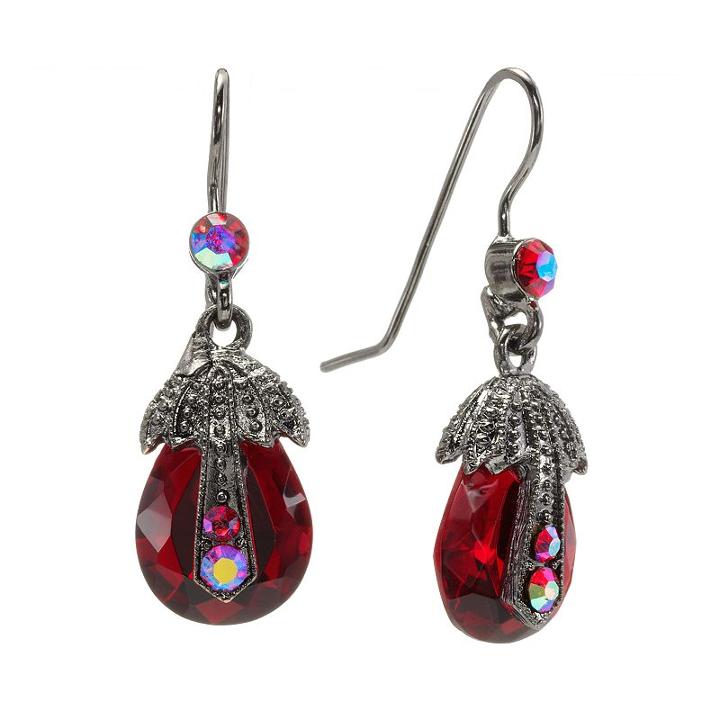 1928 Jet Simulated Crystal Beaded Teardrop Earrings, Girl's, Red