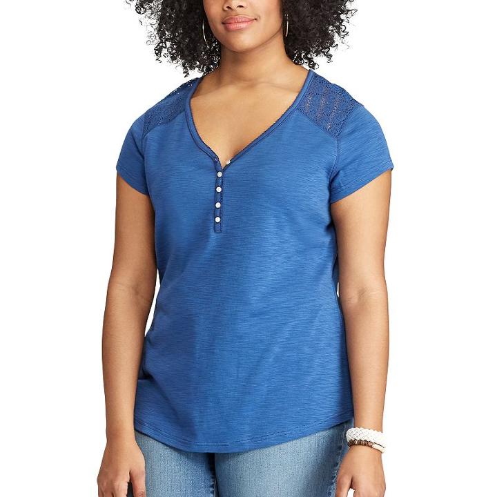 Plus Size Chaps Lace Yoke Henley, Women's, Size: 2xl, Blue