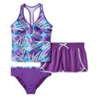 Girls Plus Size Zeroxposur Mesh Racerback Tankini Top, Bottoms & Dolphin Shorts Swimsuit Set, Girl's, Size: 14 1/2, Lt Purple