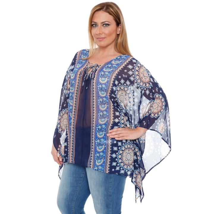 Plus Size White Mark Printed Chiffon Poncho, Women's, Size: 3xl, Blue (navy)