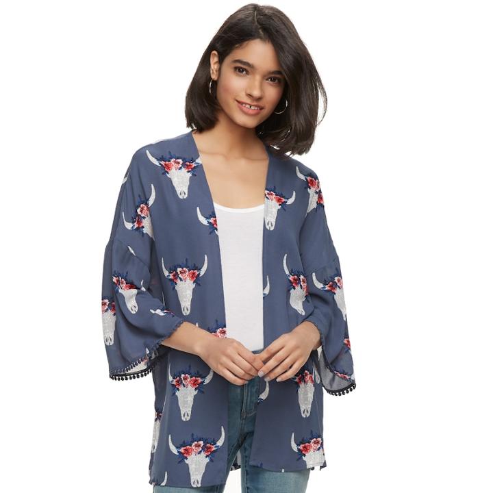 Juniors' Pink Republic Printed Open-front Kimono, Teens, Size: Small, Blue (navy)