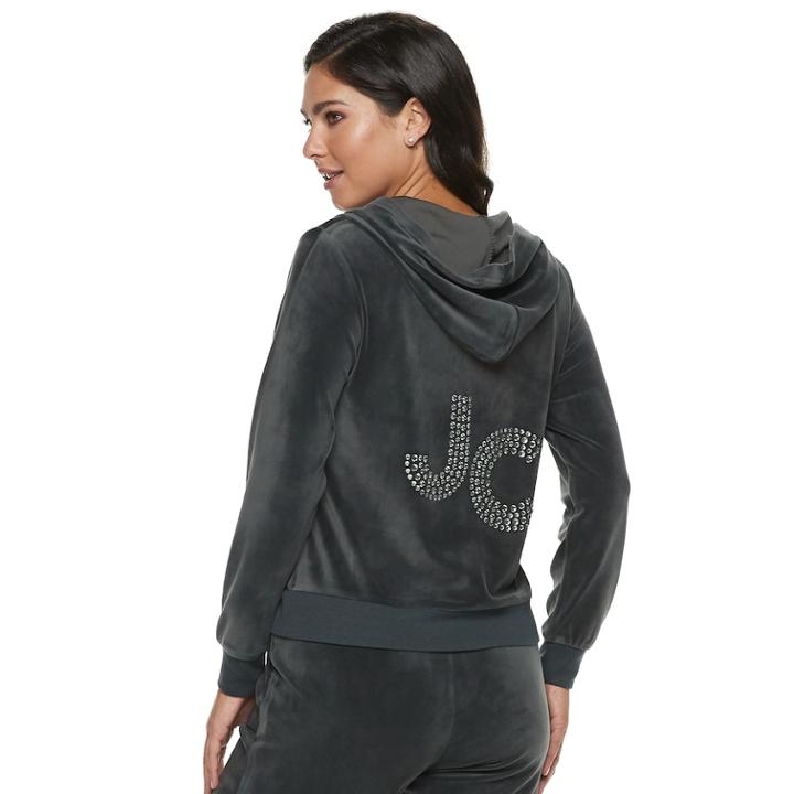 Women's Juicy Couture Graphic Velour Hooded Jacket, Size: Small, Light Grey