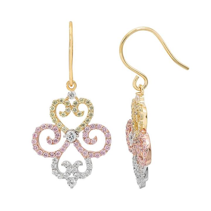 Tri Tone 18k Gold Over Silver Cubic Zirconia Filigree Drop Earrings, Women's, Multicolor