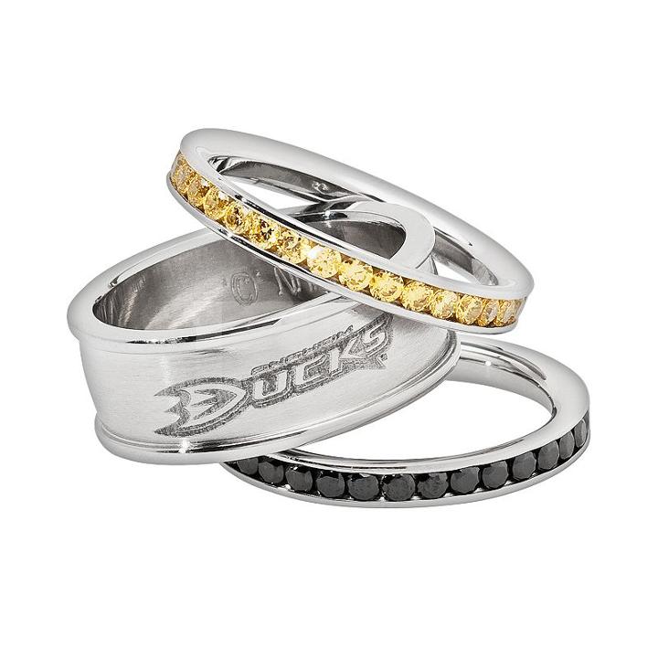 Logoart Nhl Anaheim Ducks Stainless Steel Crystal Stack Ring Set, Women's, Size: 7, Multicolor