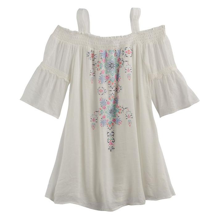 Girls 7-16 My Michelle Off Shoulder Bell Sleeve Printed Top, Size: 14, White Oth