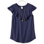 Girls Plus Size Self Esteem Crochet Lace Flounce Overlay Top With Necklace, Size: Xl Plus, Blue