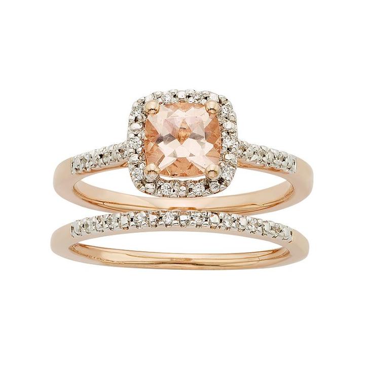 14k Rose Gold Morganite & 1/8 Carat T.w. Diamond Halo Engagement Ring Set, Women's, Size: 9, Pink